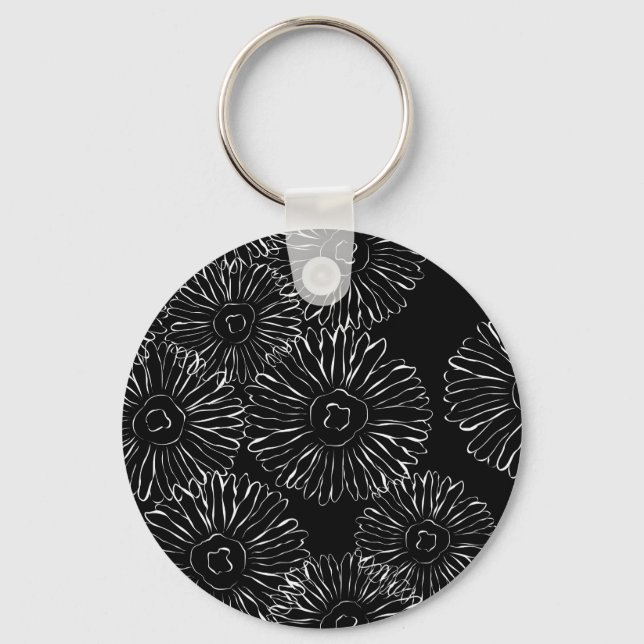 Black and white abstract spring flowers keychain (Front)