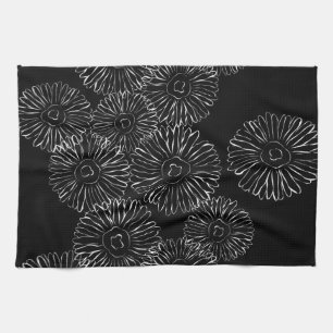 Black and white abstract spring flowers kitchen towel