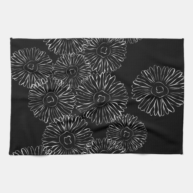 Black and white abstract spring flowers kitchen towel (Horizontal)