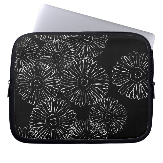 Black and white abstract spring flowers laptop sleeve (Front)