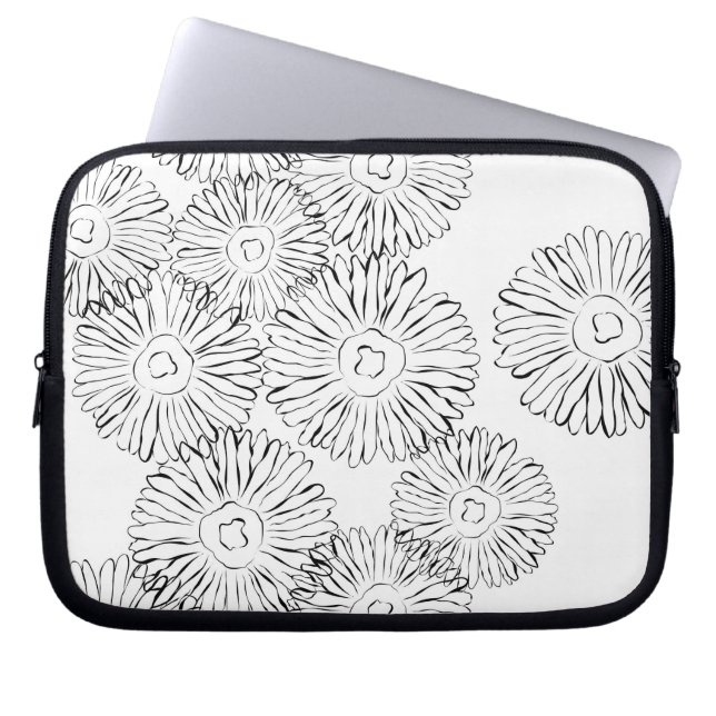 Black and white abstract spring flowers laptop sleeve (Front)