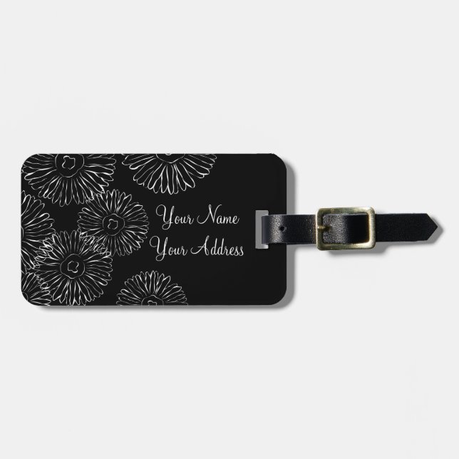 Black and white abstract spring flowers luggage tag (Front Horizontal)