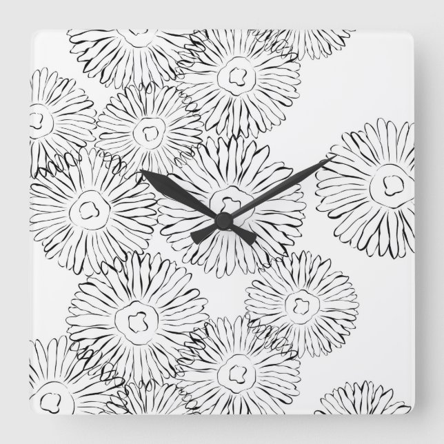 Black and white abstract spring flowers square wall clock (Front)
