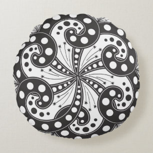 Black and White Abstract Swirl 16 x 16 Round Pillow