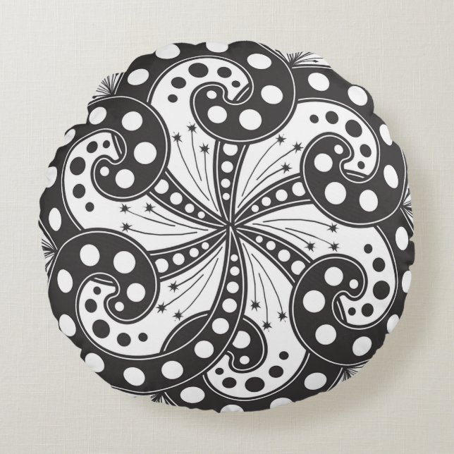 Black and White Abstract Swirl 16 x 16  Round Pillow (Front)