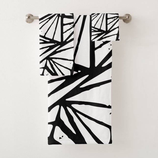 Black and White Abstract Triangles Lino Print Bath Towel Set (Insitu)