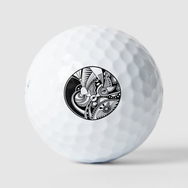 Black And White Abstract Zendala On Circle Golf Balls (Front)