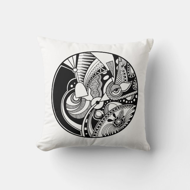 Black And White Abstract Zendala On Circle Throw Pillow (Front)