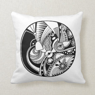 Black And White Abstract Zendala On Circle Throw Pillow