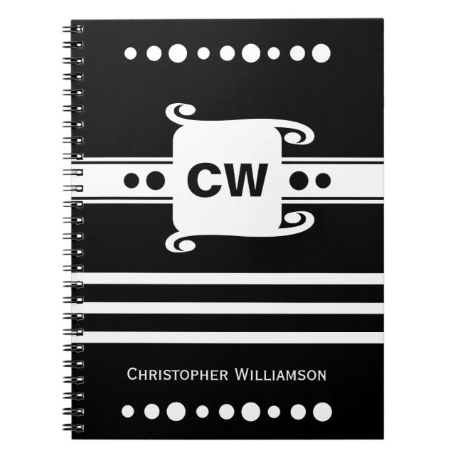 Black and white add initials name striped notebook (Front)