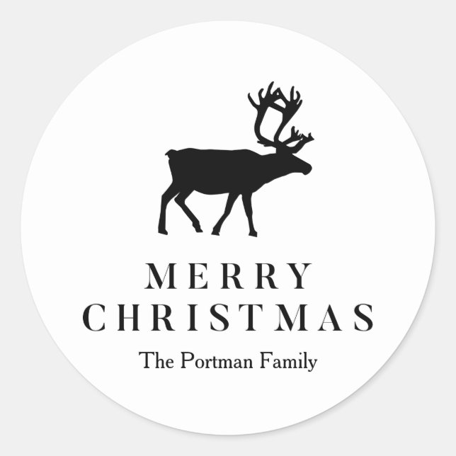 Black and White Add Name Christmas Reindeer Classic Round Sticker (Front)