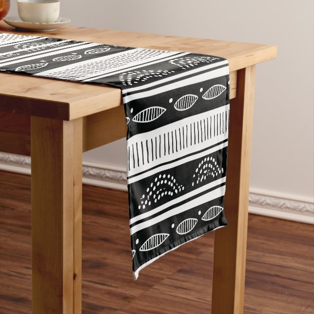 Black And White African Ethnic Tribal Pattern Short Table Runner (In Situ)