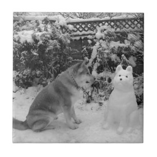 black and white akita with snowman snow dog tile