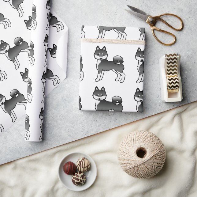 Black And White Alaskan Klee Kai Cute Dog Pattern Wrapping Paper (Crafts)