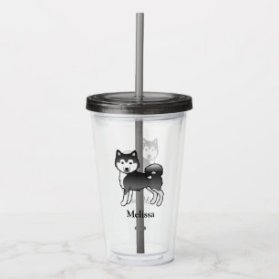 Black And White Alaskan Malamute Cute Dog & Name Acrylic Tumbler