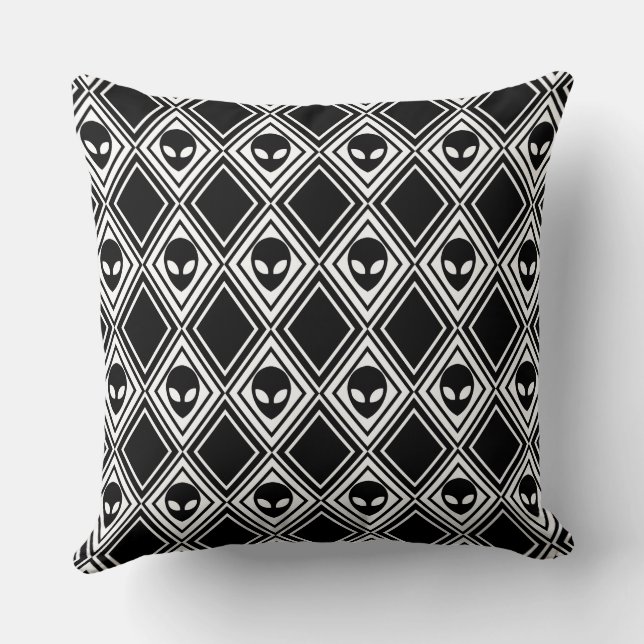 Black and White Alien Argyle Pattern Throw Pillow (Back)
