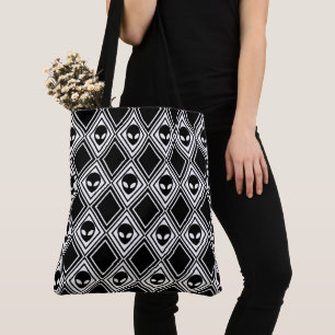 Black and White Alien Argyle Pattern Tote Bag