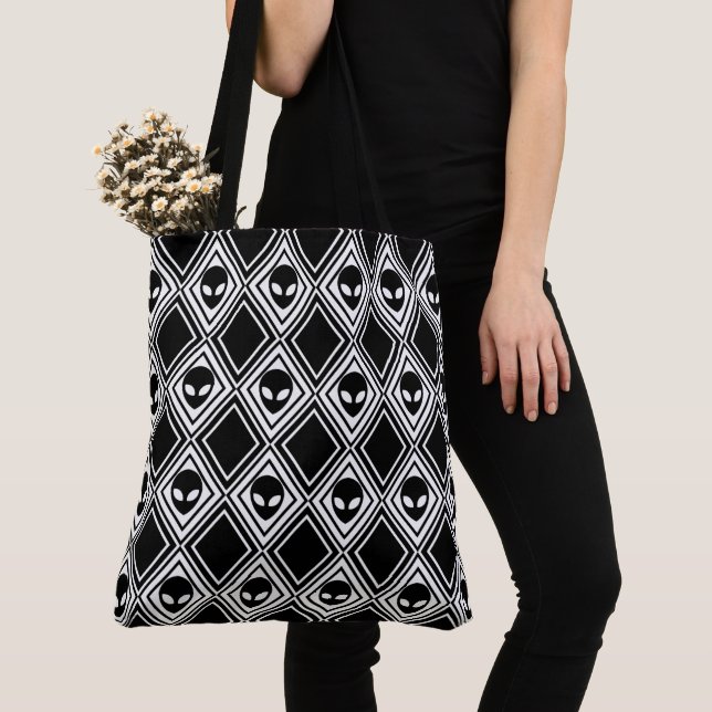 Black and White Alien Argyle Pattern Tote Bag (Close Up)
