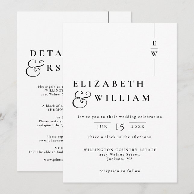Black And White All In One Modern Monogram Wedding Invitation (Front/Back)