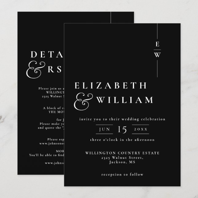 Black And White All In One Modern Monogram Wedding Invitation (Front/Back)