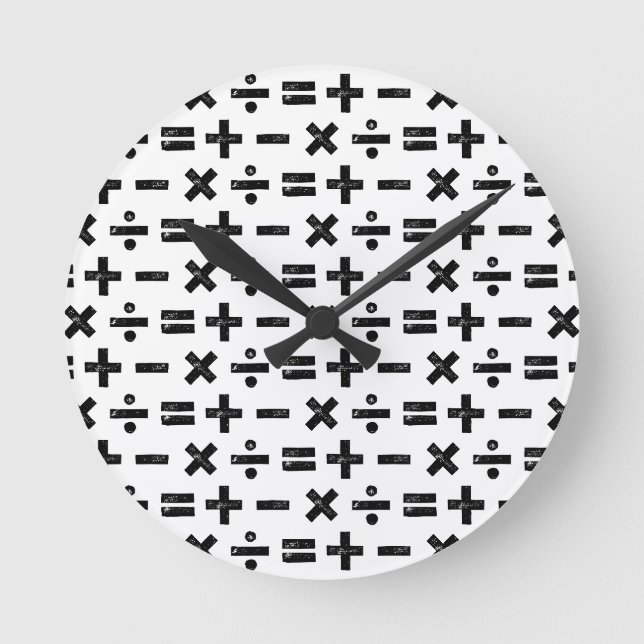 Black and White All Math Symbols Lino Cut Round Clock (Front)