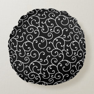Black and White allover seamless scroll designpatt Round Pillow