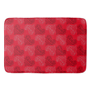 Black and White Alternating Heart Lines on Red Bath Mat