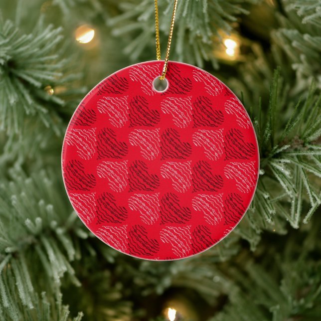 Black and White Alternating Heart Lines on Red Ceramic Ornament (Tree)