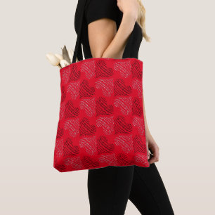 Black and White Alternating Heart Lines on Red Tote Bag