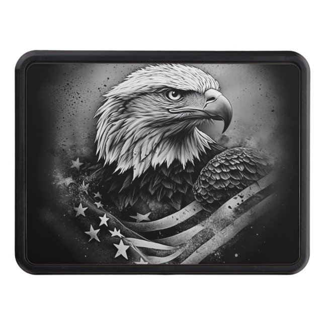 Black and white American flag bald eagle  Trailer Hitch Cover (Front)