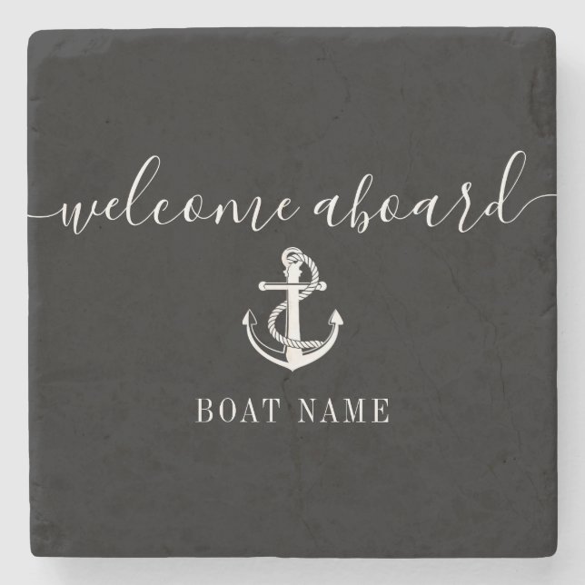 Black And White Anchor Boat Name Welcome Aboard Stone Coaster (Front)