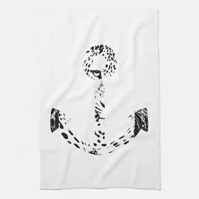 Black and White Anchor Leopard Eye Overlay Kitchen Towel (Vertical)