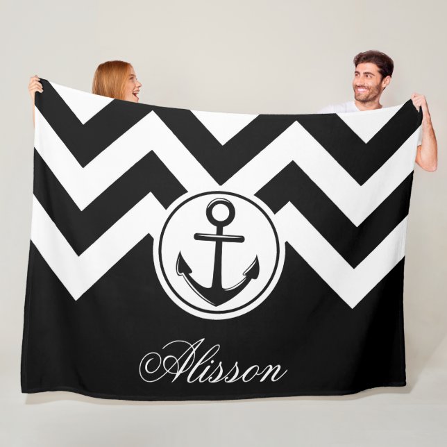 Black and White Anchor Pattern Fleece Blanket (In Situ)