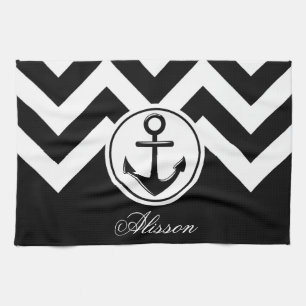 Black and White Anchor Pattern Kitchen Towel