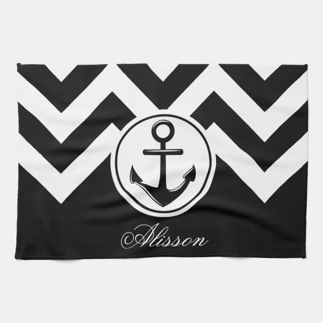 Black and White Anchor Pattern Kitchen Towel (Horizontal)