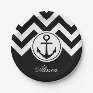 Black and White Anchor Pattern Paper Plate