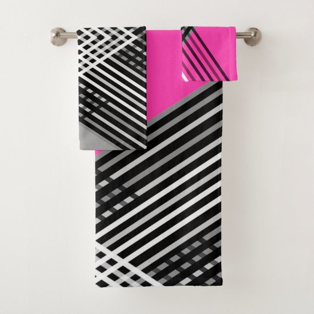 Black and white and grey intertwined stripes on a  bath towel set (Insitu)