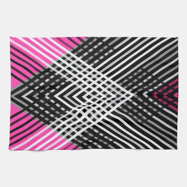 Black and white and grey intertwined stripes on a  kitchen towel (Horizontal)