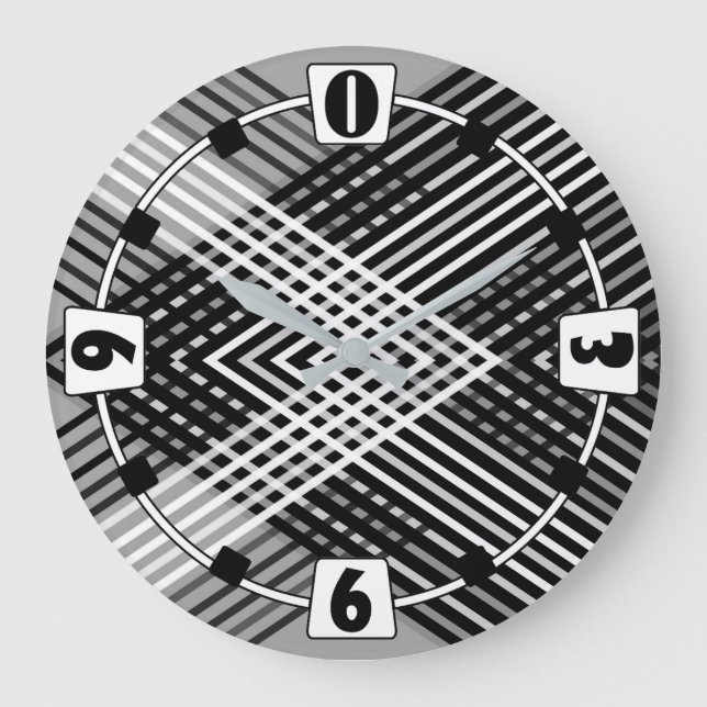Black and white and grey intertwined stripes on a  large clock (Front)