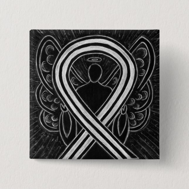 Black and White Angel Awareness Ribbon Custom Pin (Front)