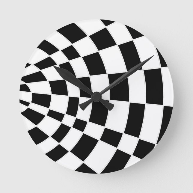 Black and White Angled Checkerboard Round Clock (Front)