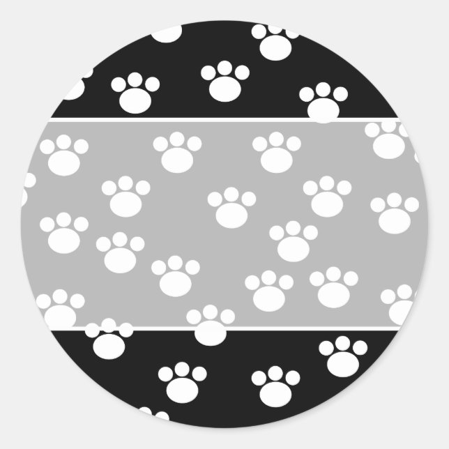 Black and White Animal Paw Print Pattern. Classic Round Sticker (Front)