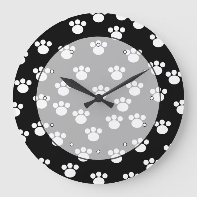 Black and White Animal Paw Print Pattern. Large Clock (Front)