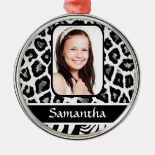 Black and white animal print metal ornament