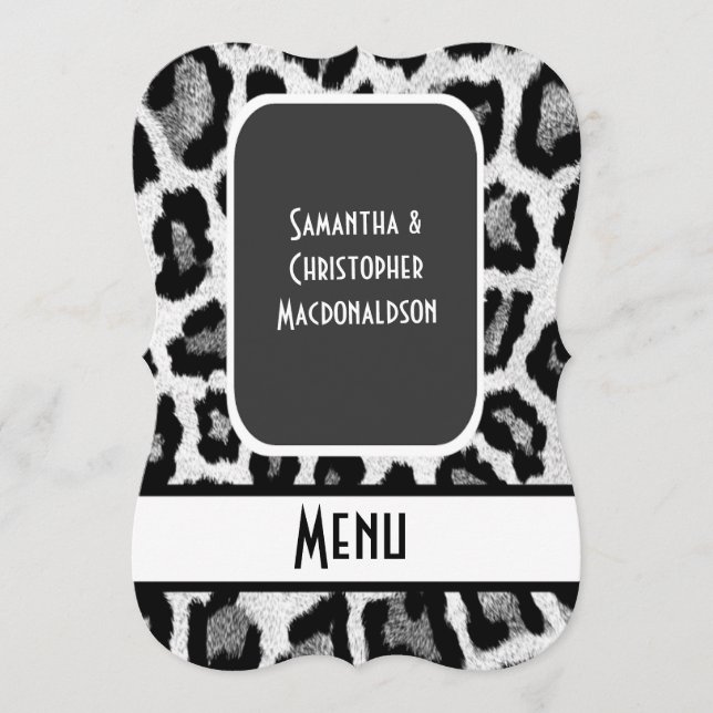 Black and white animal print wedding menu (Front)