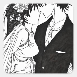 Black and White Anime Bride and Groom Wedding Square Sticker