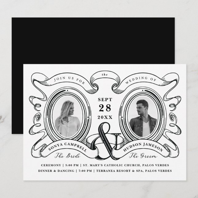 Black and White Antique Cameo Photo Wedding Invitation (Front/Back)