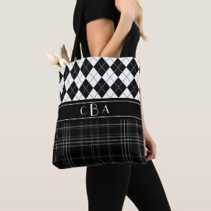 Black and White Argyle and Tartan Monogrammed Tote Bag