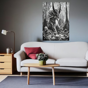 black and white art beast in the forest   AI Art Poster