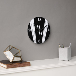 Black And White Art Deco Design Monogrammed Round Clock